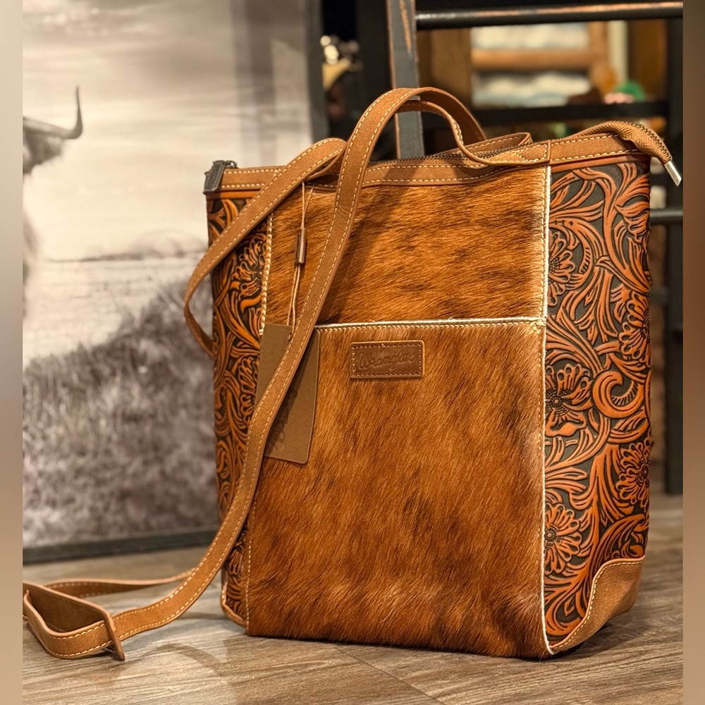 Brown Wrangler Genuine Hair-On Cowhide Convertible Backpack